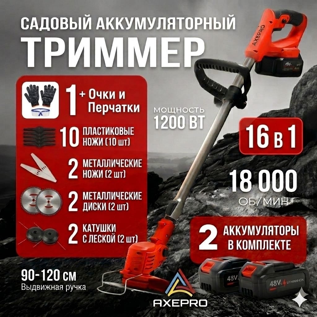 Триммер аккумуляторный AXEPRO AX444, леска и нож