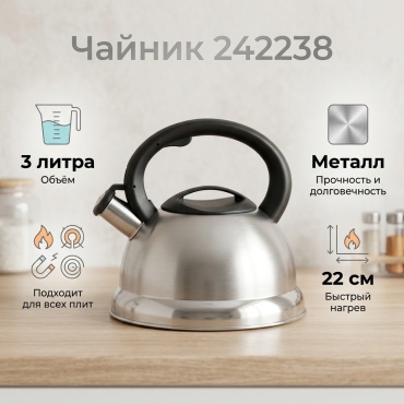 Чайник 242238 3 л, металл, ABS-пластик