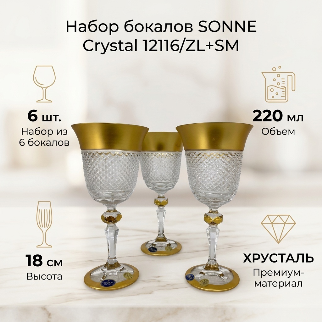 Набор бокалов SONNE Crystal 220 мл, хрусталь, 6 шт