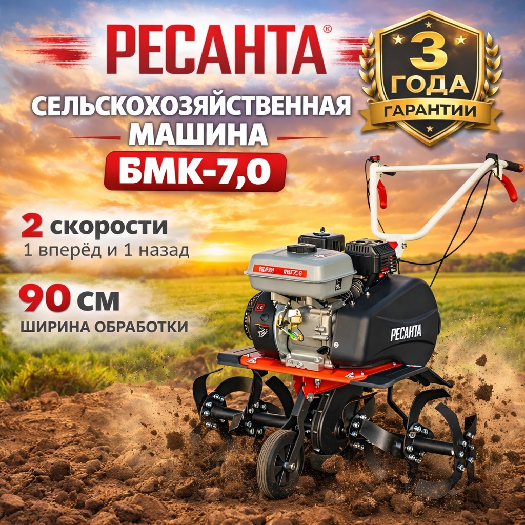 Культиватор бензиновый Ресанта 70/5/33, 4-х тактный, одноцилиндровый 7 л.с., Глубина обработки:30 см