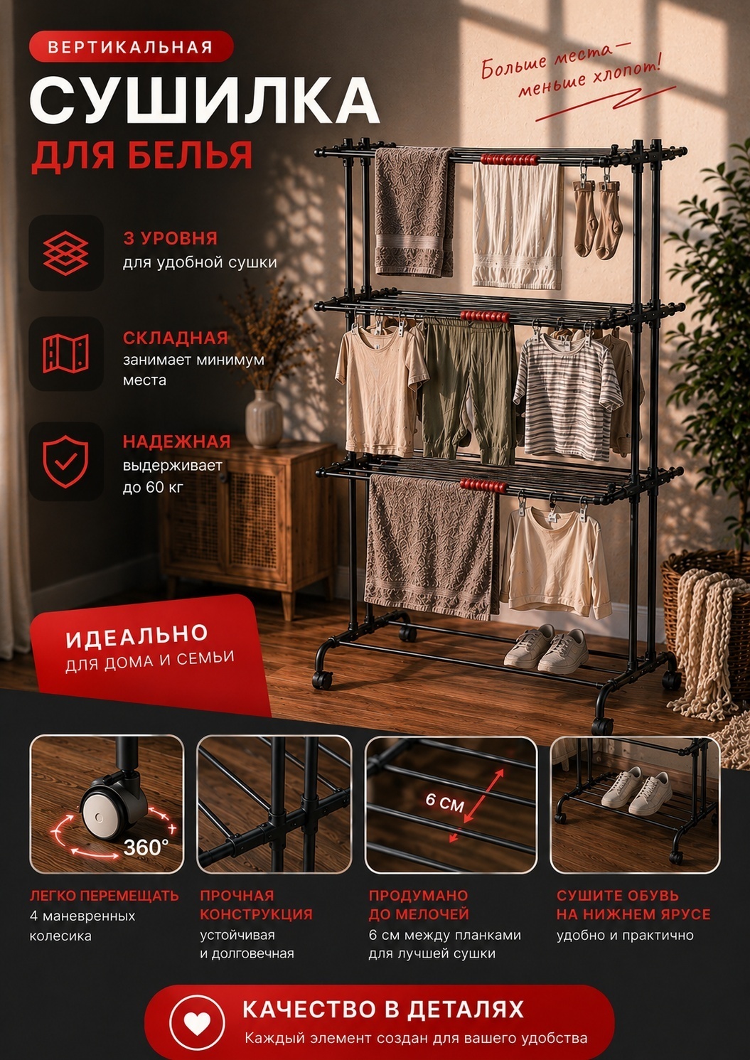 Сушилка напольная, уличная Skelle 78x60x155 см, кол-во уровней: 4, металл, сталь