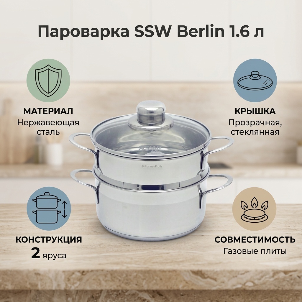 Пароварка 1 л, SSW Berlin нержавеющая сталь, количество ярусов: 2