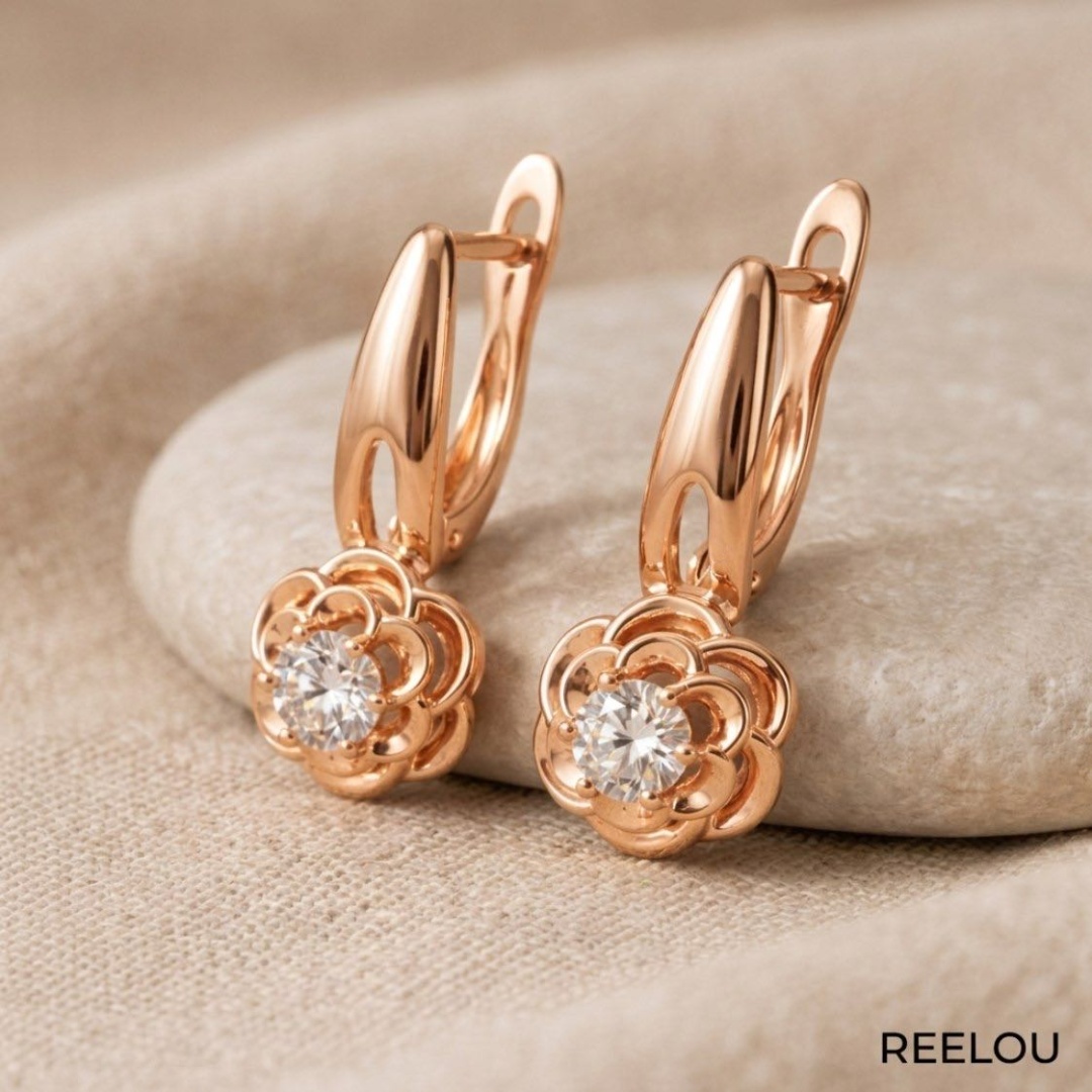 Серьги REELOU 466656287 вес 3.2 г сплав покрытый золотом 24К, циркон