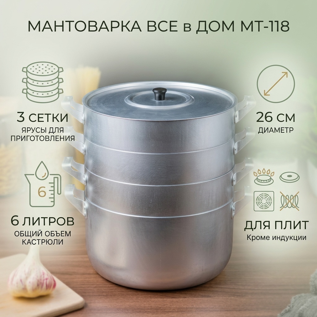 Мантоварка 6 л, ВСЕ в ДОМ алюминий, количество ярусов: 3