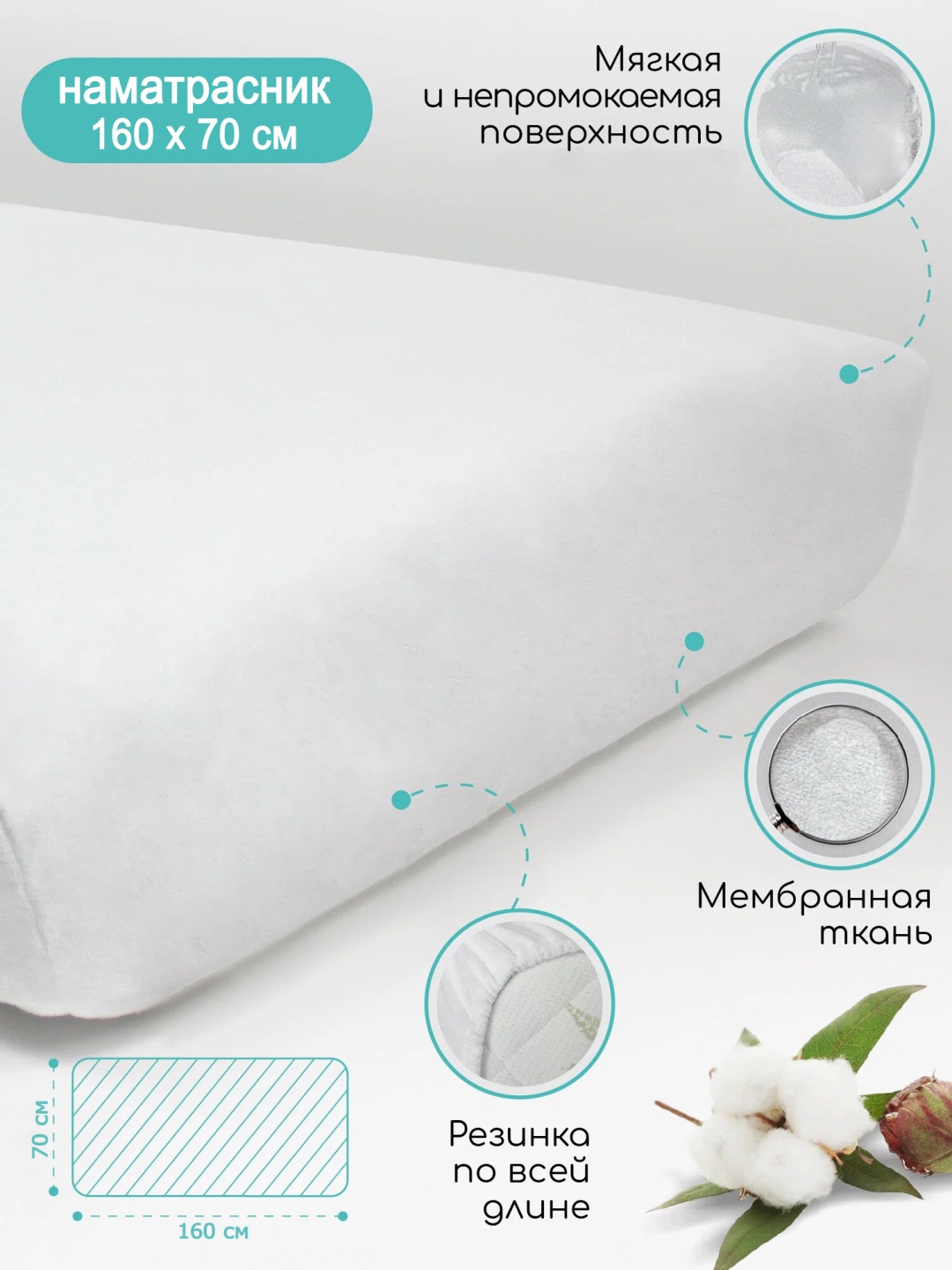 Domkrovatok наматрасник на резинке AquaStop 70x160, хлопок, полиэстер