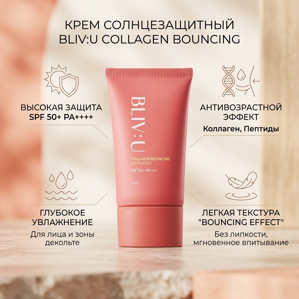 BLIV U крем Collagen Bouncing Sunscreen SPF50+ PA++++ для лица, для зоны декольте 50 мл