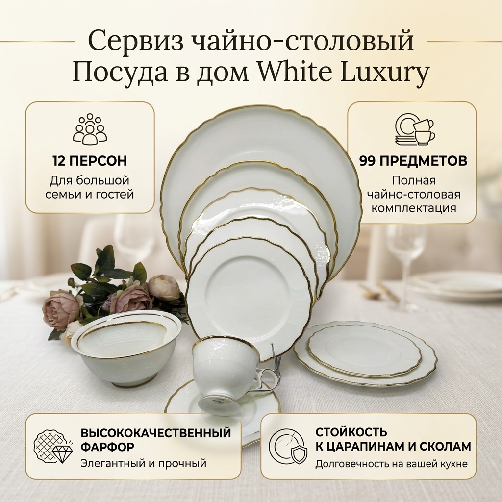 Сервиз на 12 персон Посуда в дом Whem Luxury, предметов: 99, чайно-столовый, фарфор