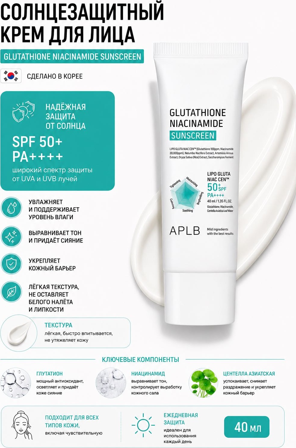 APLB крем Glutathione Niacinamide Sunscreen для лица 40 мл
