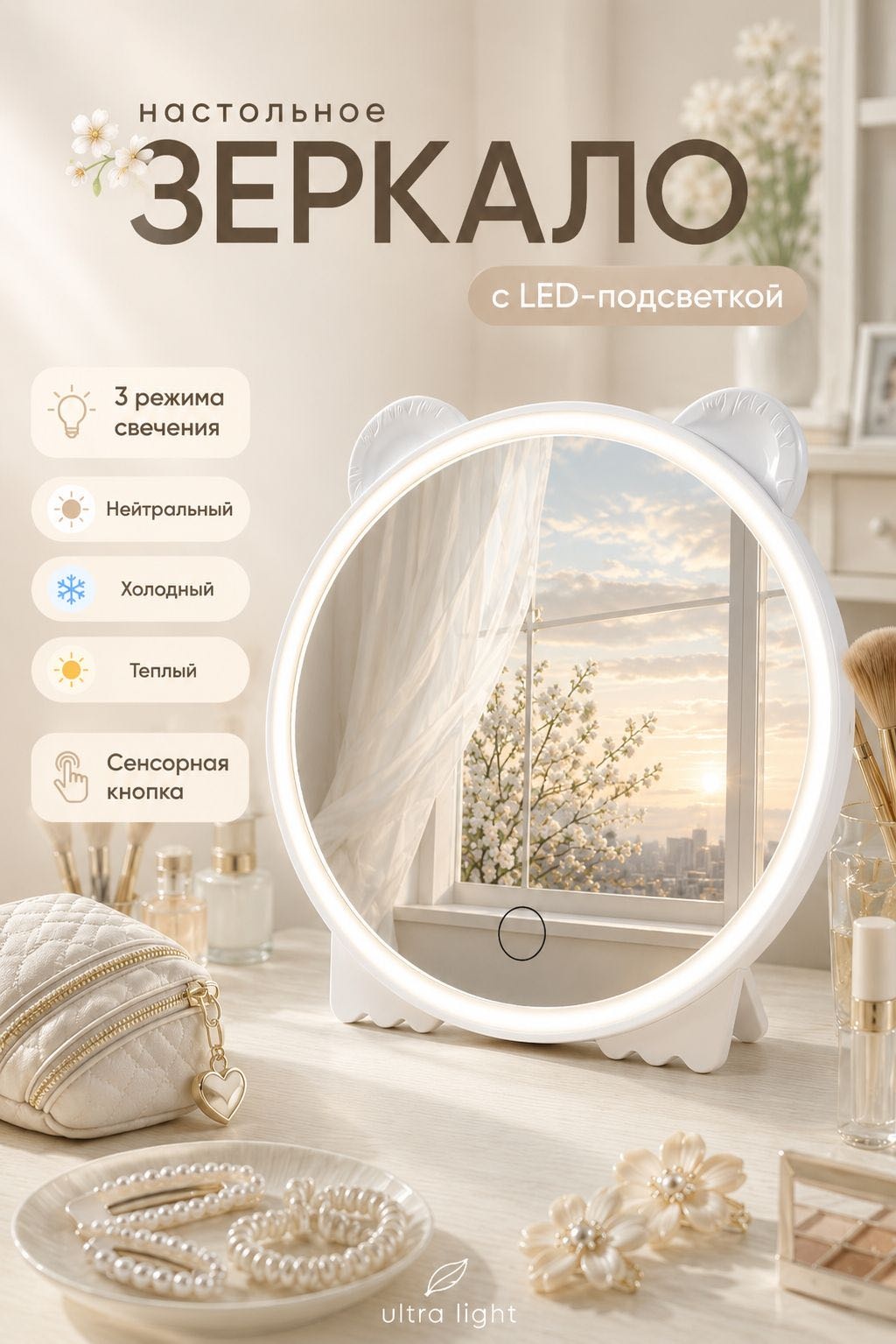 Ultra LIGHT зеркало настольное косметическое 17
