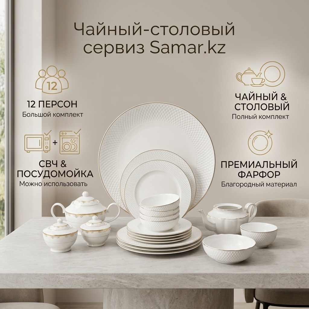 Сервиз на 12 персон Samar.kz 54645859, предметов: 54, чайно-столовый, фарфор