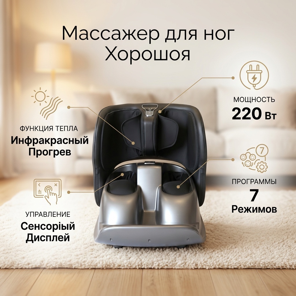Массажер Хорошоя тапочки 3D-массаж, вибрационный, воздушно-компрессионный, надавливающий, разминающий, инфракрасный прогрев