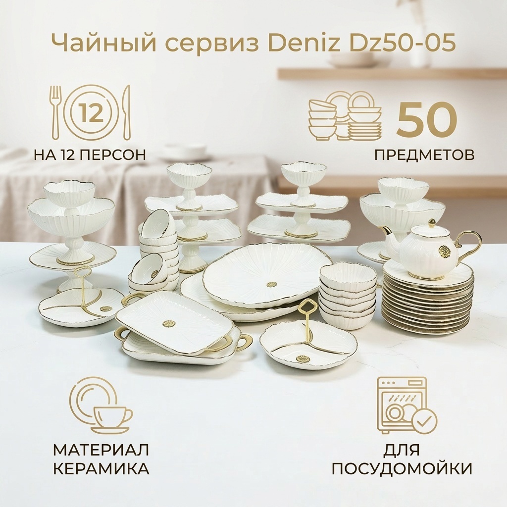 Сервиз на 12 персон Deniz Dz50-05, предметов: 50, набор для чайной церемонии, керамика