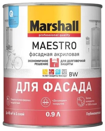 Marshall водно-дисперсионная MAESTRO фасадная акриловая BW 0.9 л, белый цвет