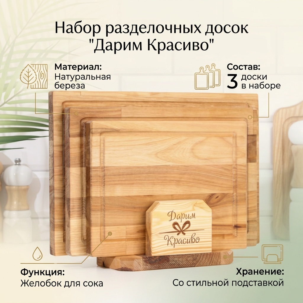 Дарим Красиво набор разделочных досок 7364892 3 шт, дерево, береза