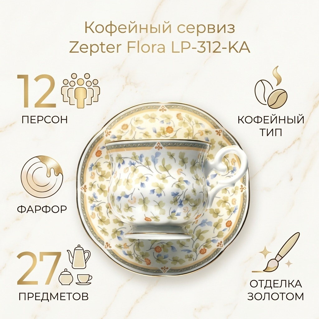 Сервиз на 12 персон Zepter Флора, предметов: 27, кофейный, фарфор