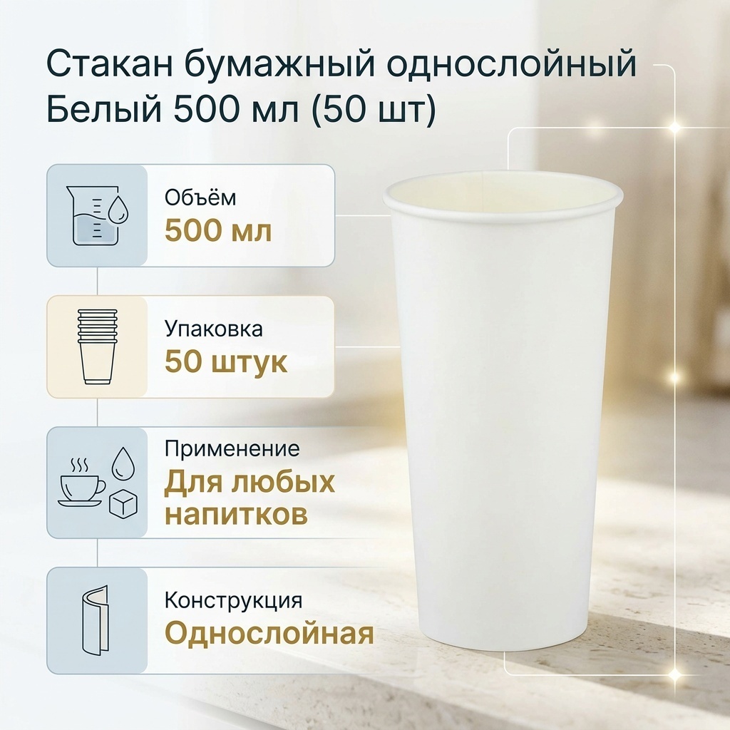 Стакан бумажный однослойный БЕЛЫЙ 500 мл (50 шт)