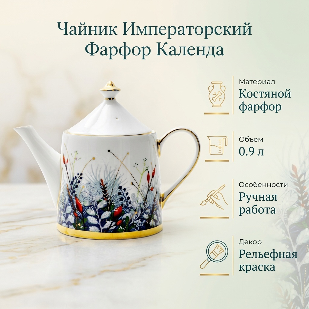 Чайник Императорский Фарфор Календа 0.9 л, костяной фарфор