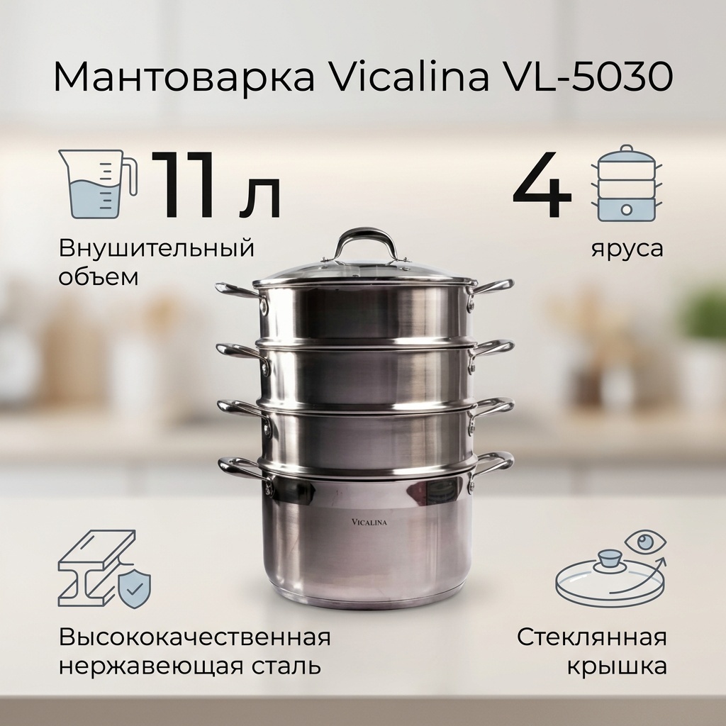 Мантоварка 11 л, Vicalina сталь, количество ярусов: 4