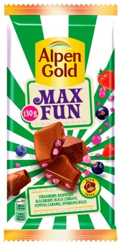 Alpen Gold Max Fun Клубника, малина, черника, черная смородина, взрывная карамель, шипучие шарики шоколадная плитка молочный 130 г