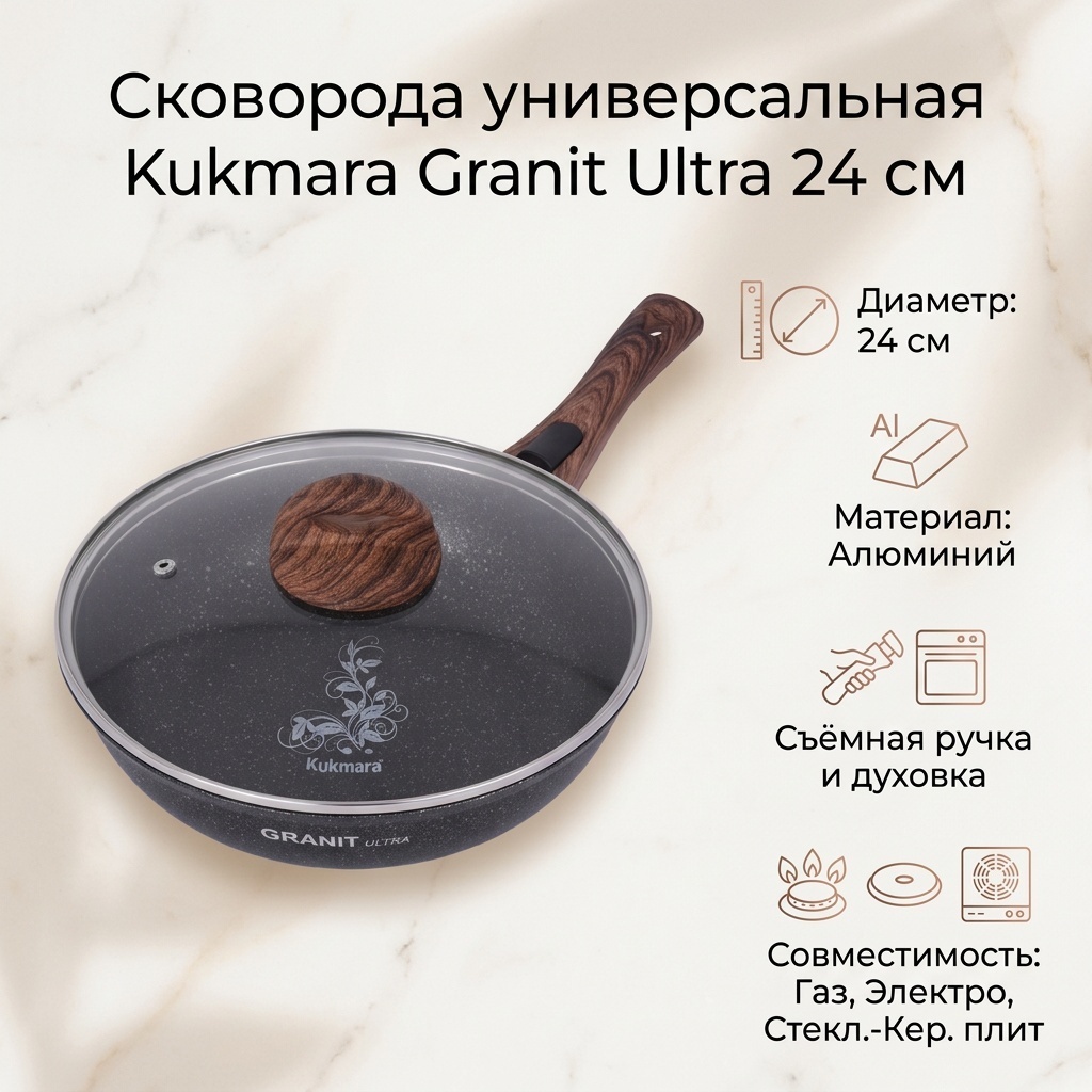 Сковорода Kukmara Granit Ultra 24 см с антипригарным покрытием, алюминий