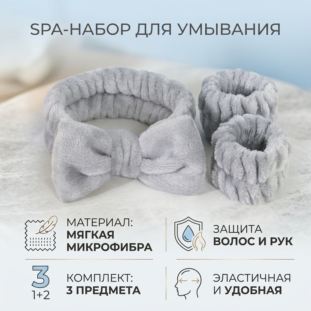 Повязка для головы, для умывания серый 1 шт