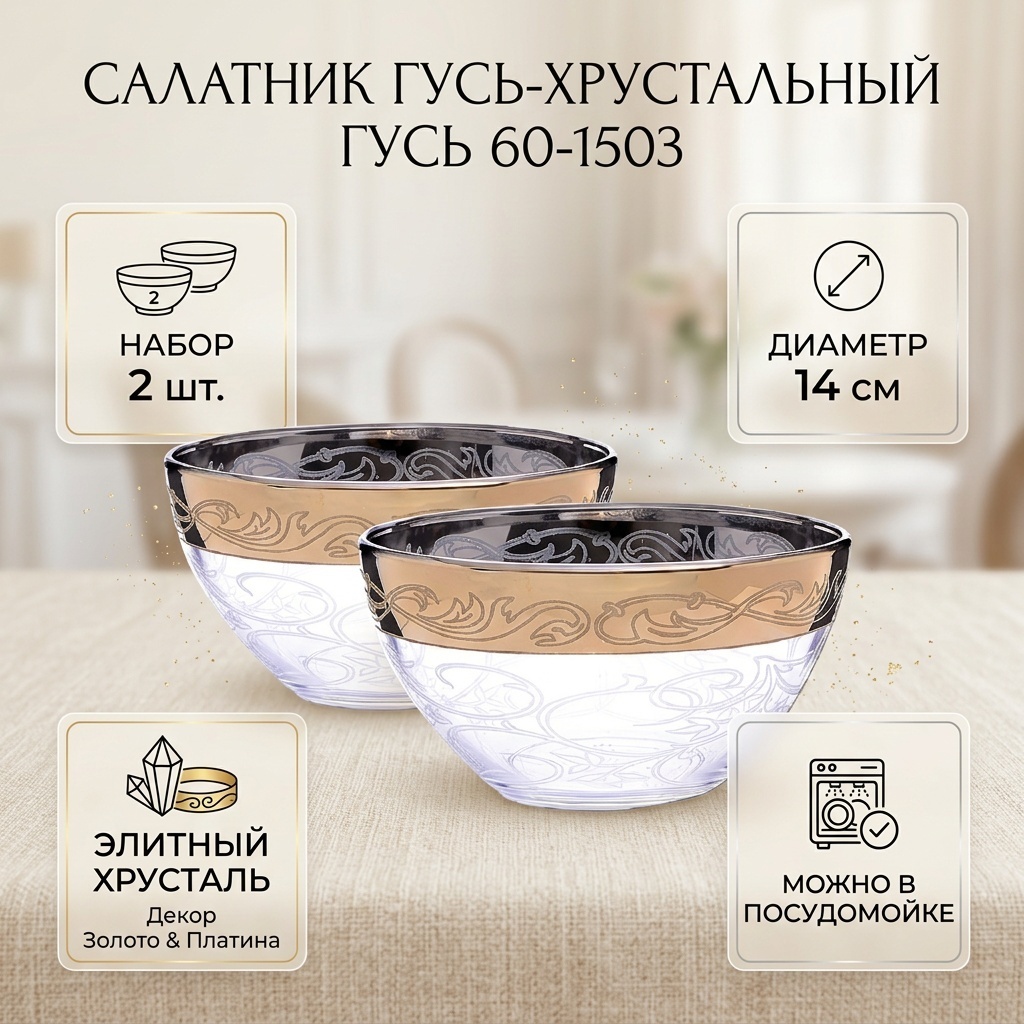 Салатник Гусь-Хрустальный Гусь 14х8 см, хрусталь, 2 шт