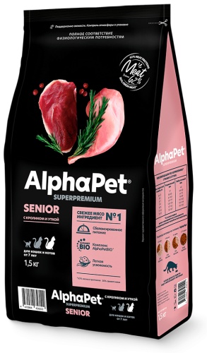 AlphaPet (сухой корм для кошек и котов от 7 лет с кроликом и уткой) кролик, утка 1.5 кг