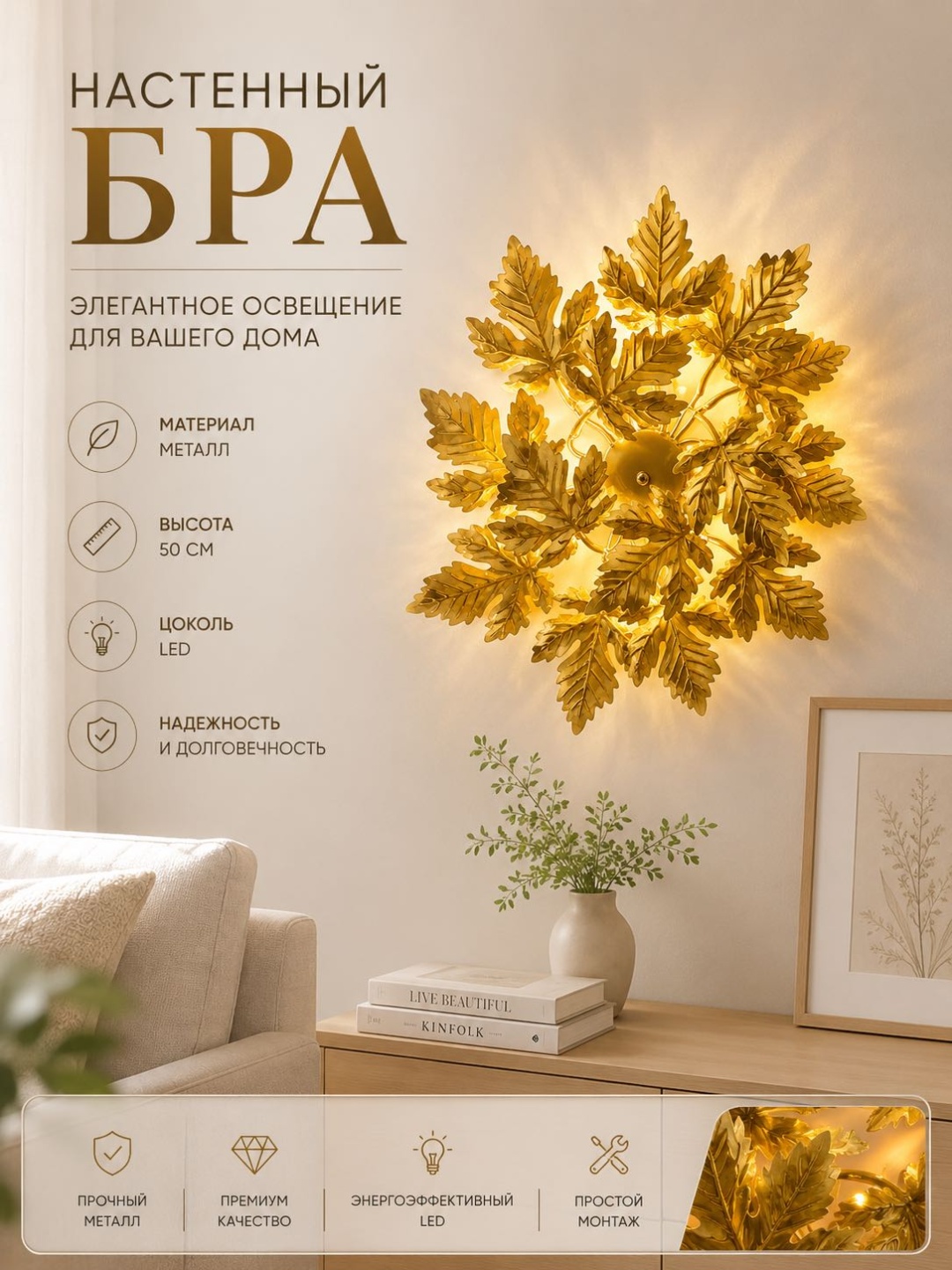 Бра настенный 3D PUZZLE LED, золотистый