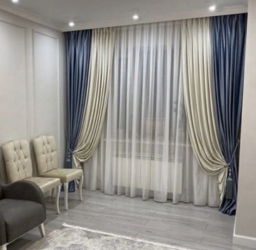 Комплект 300x270 см 3 шт, тюль, велюр, айвори, темно - синий