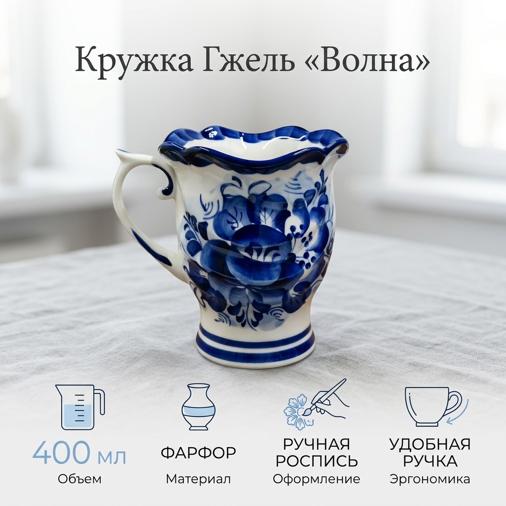 Кружка Гжель , 400 мл, фарфор, 1 шт.