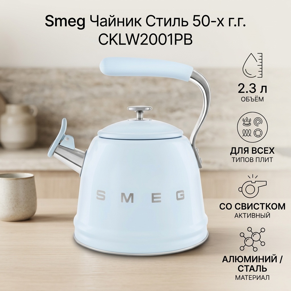 Smeg чайник Стиль 50-х г.г. CKLW2001PB 2.3 л, алюминий, нержавеющая сталь