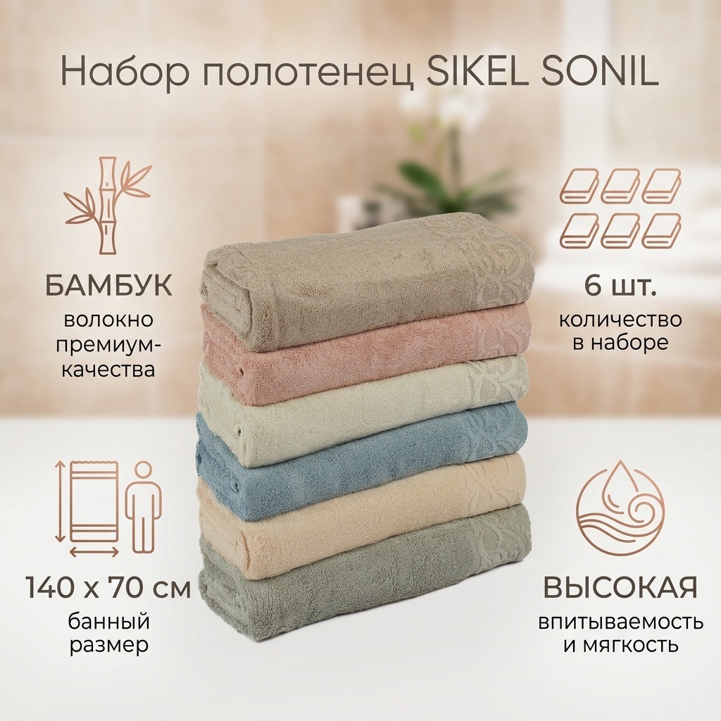 Набор полотенец Sikel 140x70 см, бамбуковое волокно, 6 шт,