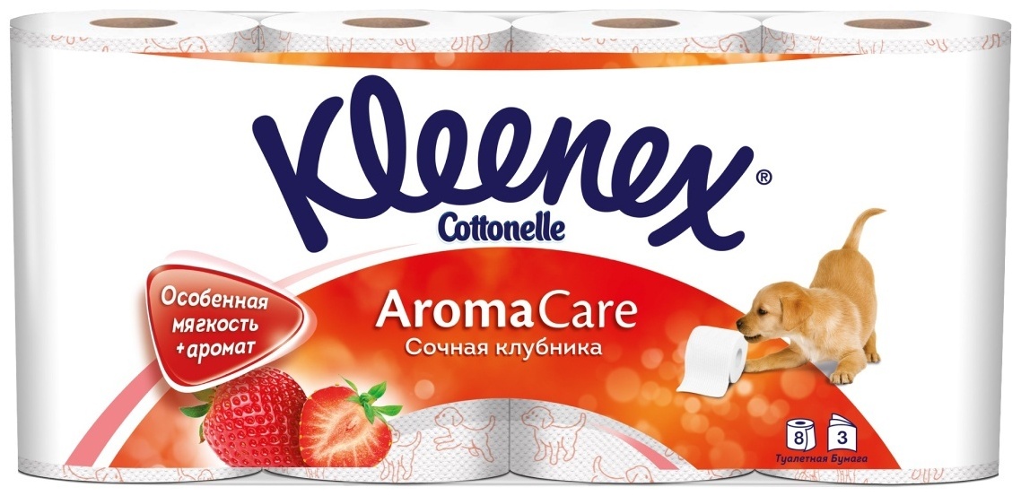 Kleenex туалетная бумага Cottonelle Сочная клубника 3-слойный 8 шт, первичная целлюлоза