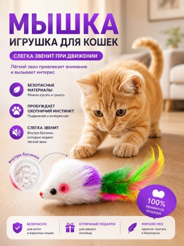 Мышь для самостоятельных игр, для совместных игр мех, перо, плюш