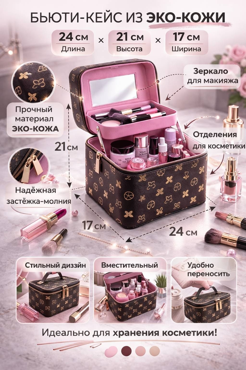 Бьюти-кейс искусственная кожа коричневый 21X24 см