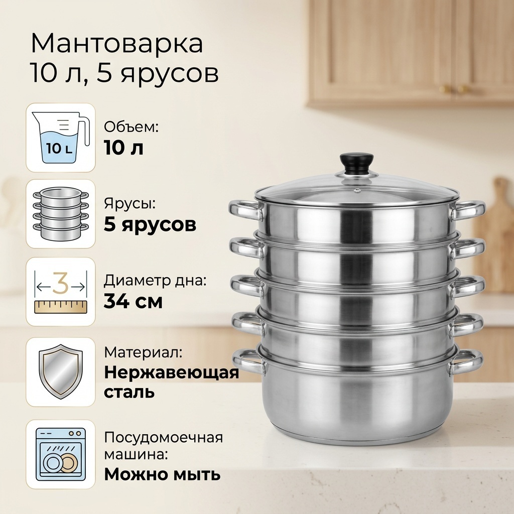 Мантоварка 10 л, нержавеющая сталь, количество ярусов: 5