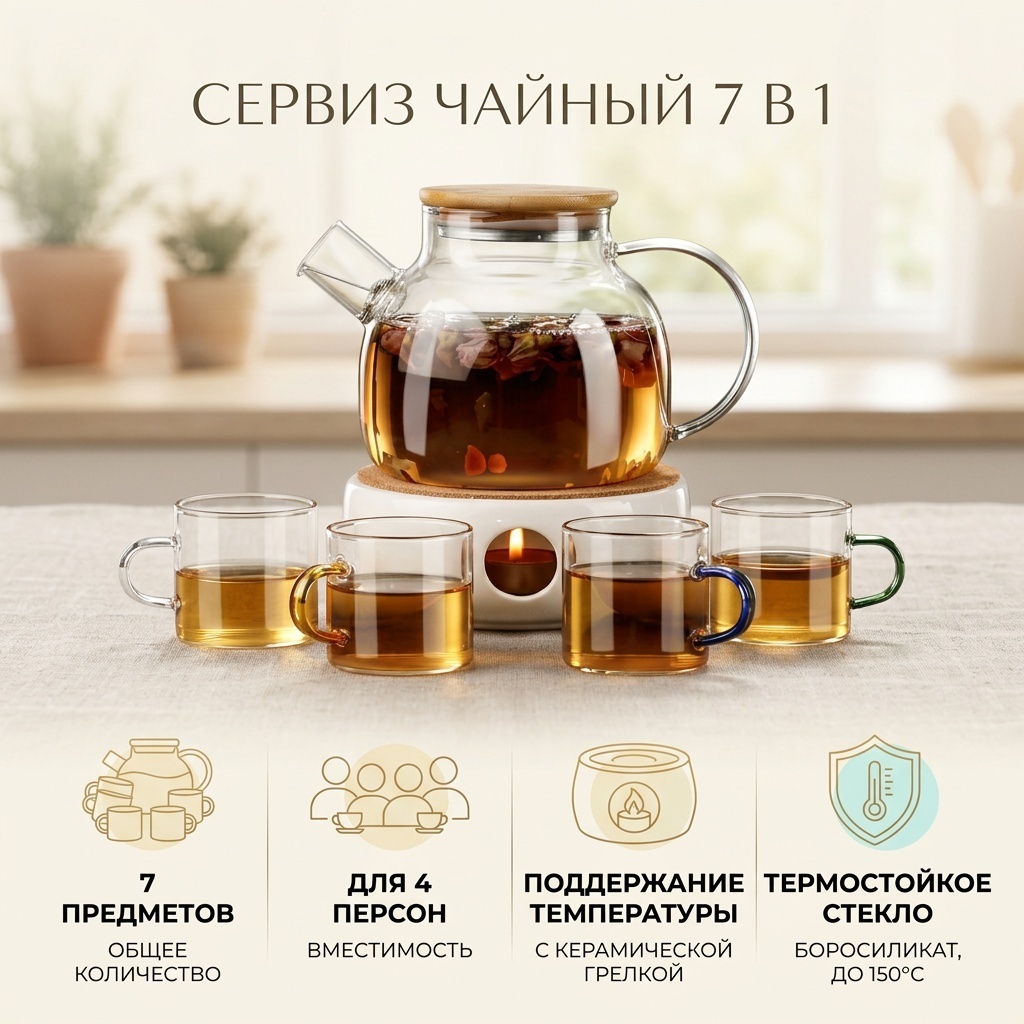 Сервиз на 4 персоны без принта, предметов: 7, чайный, стекло
