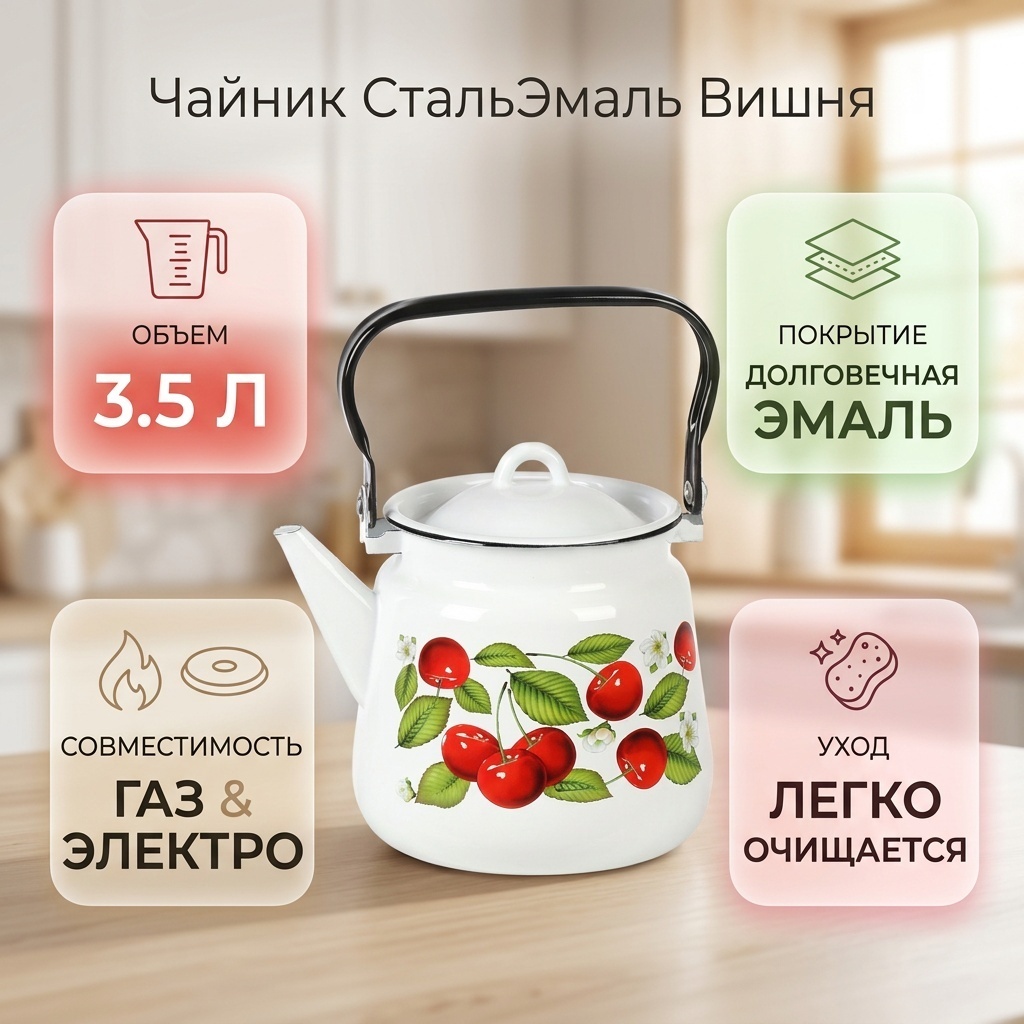 СтальЭмаль чайник Вишня 3.5 л, эмаль