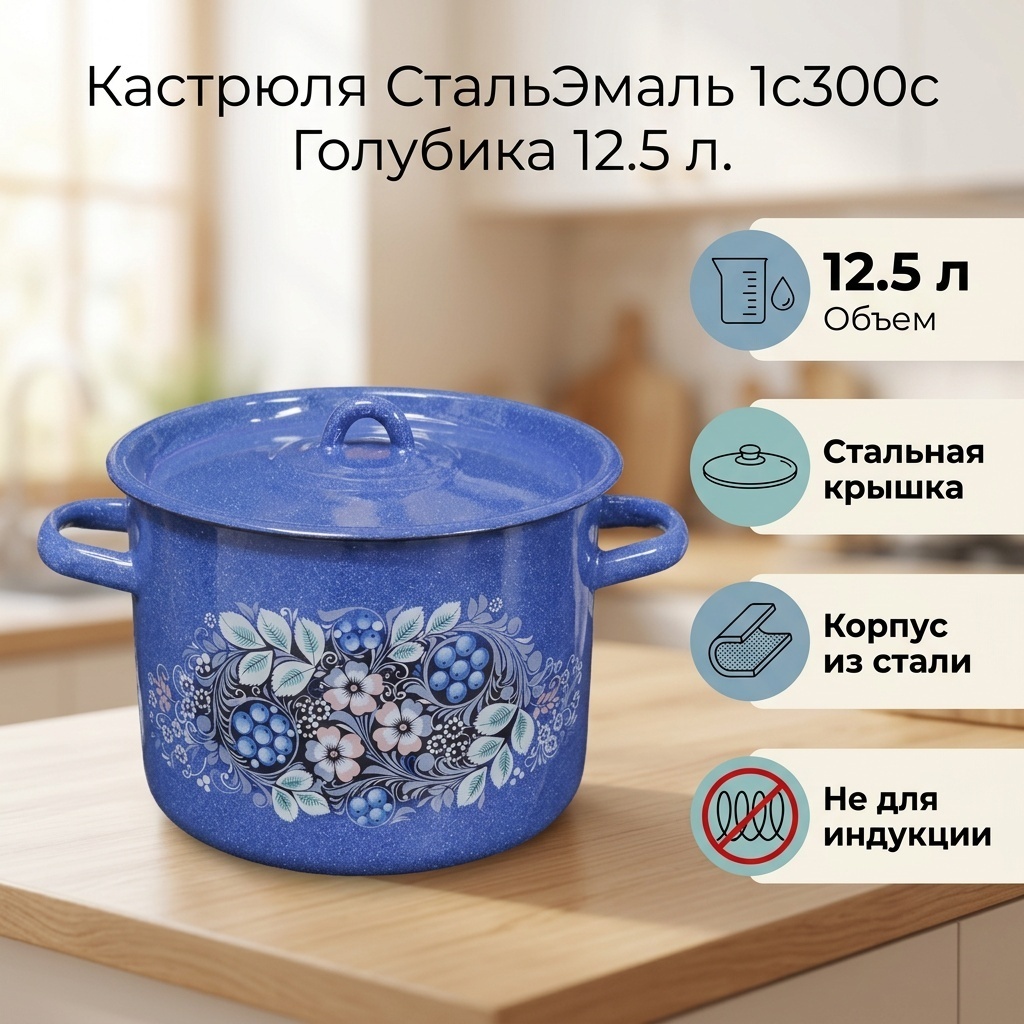 Кастрюля 12.5 л, СтальЭмаль 1с300с Голубика сталь
