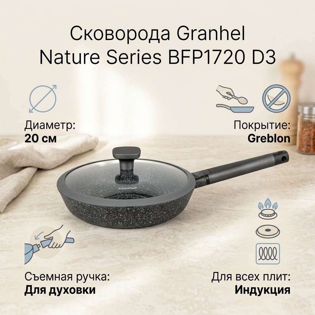 Сковорода Granhel BFP1720 D3 (GRAY) 20 см с антипригарным покрытием, алюминий