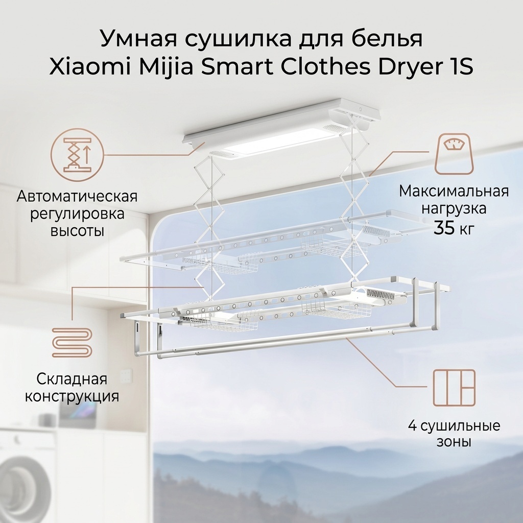 Сушилка навесная, потолочная Xiaomi 49x220x9 см, кол-во уровней: 2, металл, алюминий