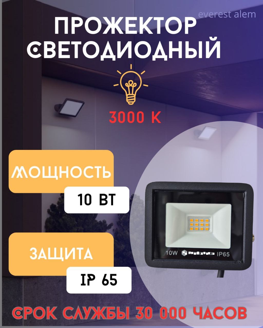 Прожектор на кронштейне 10 Вт, холодный белый