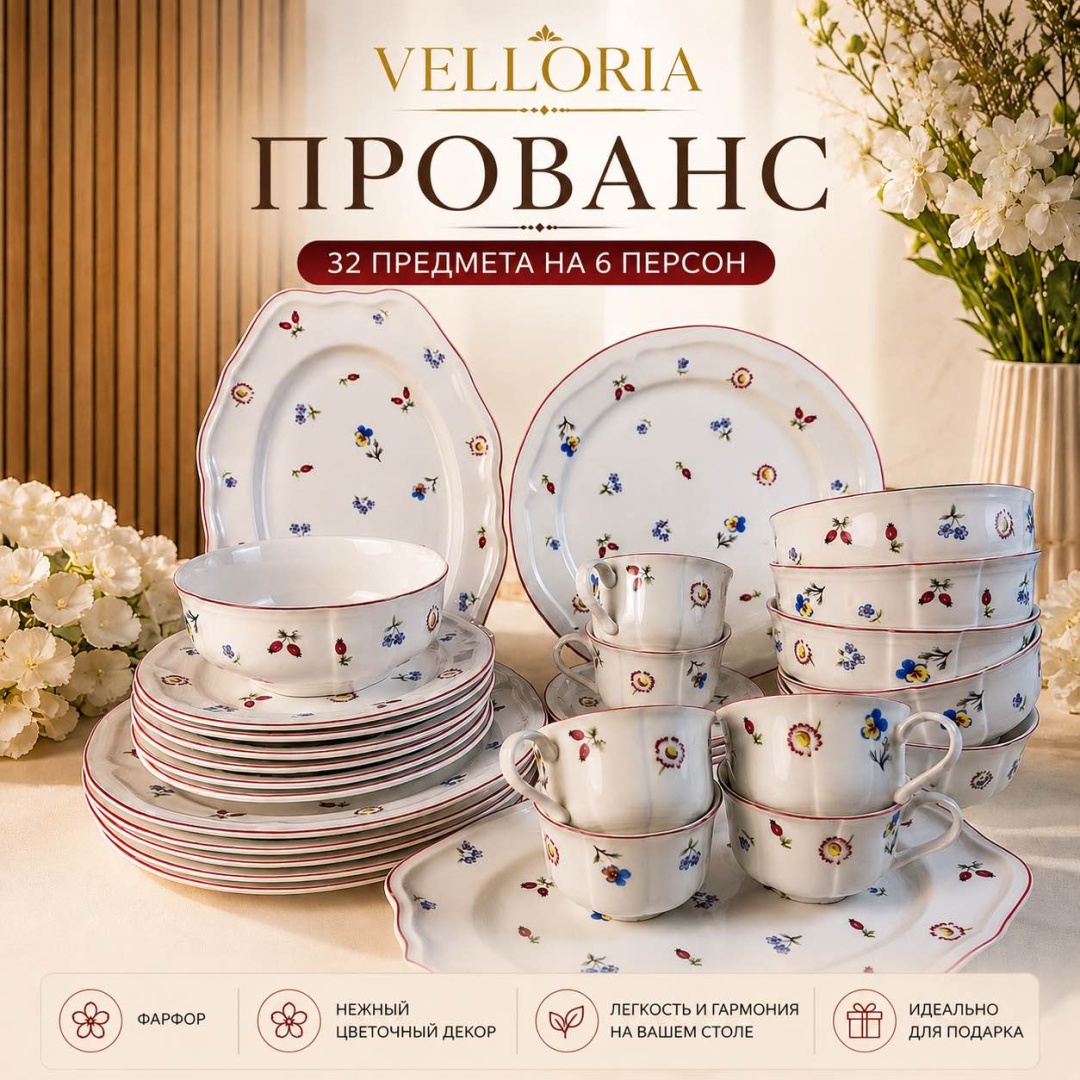 Сервиз на 6 персон VELLORIA Прованс, предметов: 32, столовый, фарфор