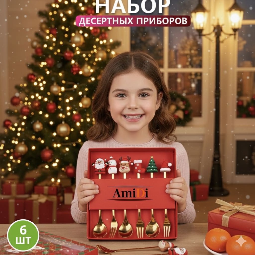 Набор столовых приборов 6 шт, красный, зеленый, золотистый Набор Десертных Приборов "Счастливое Рождество"