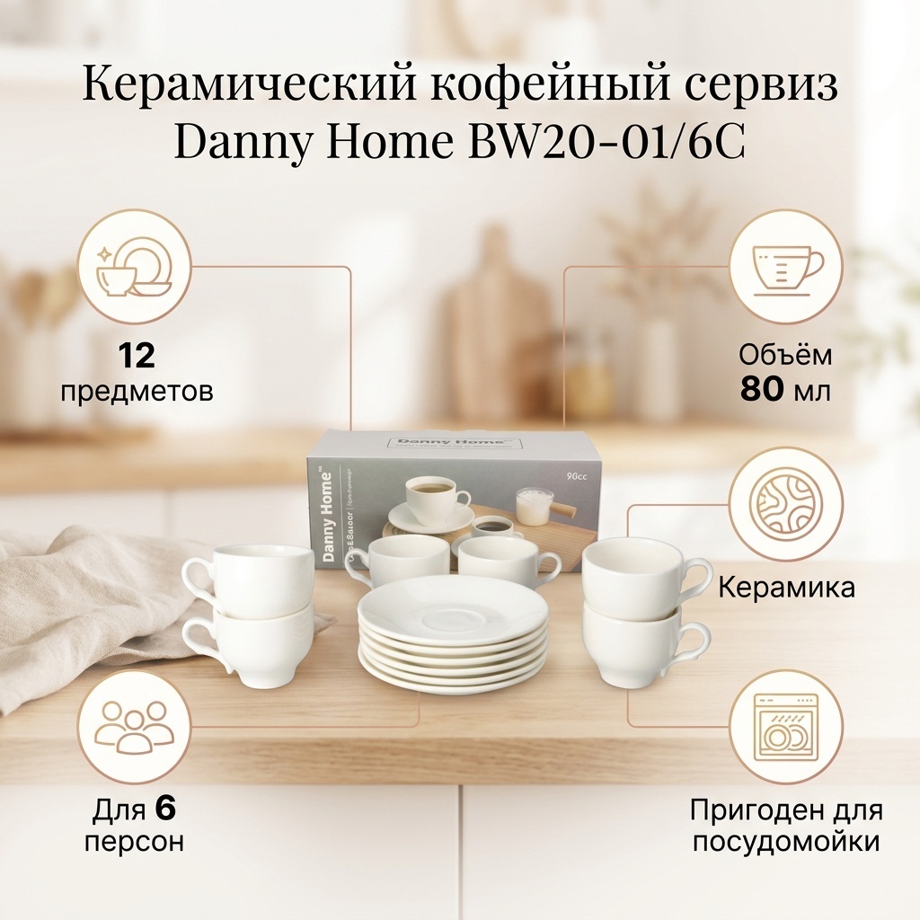 Сервиз на 6 персон Danny Home , предметов: 12, кофейный, керамика