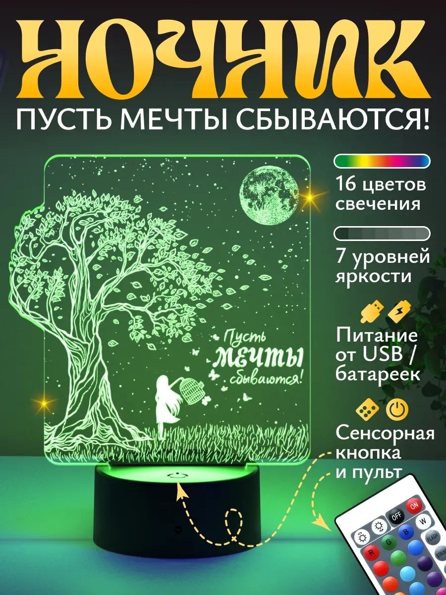 Светофей декоративный светильник в USB разъем Ночник Девочка с бабочками подарок, красный, разноцветный