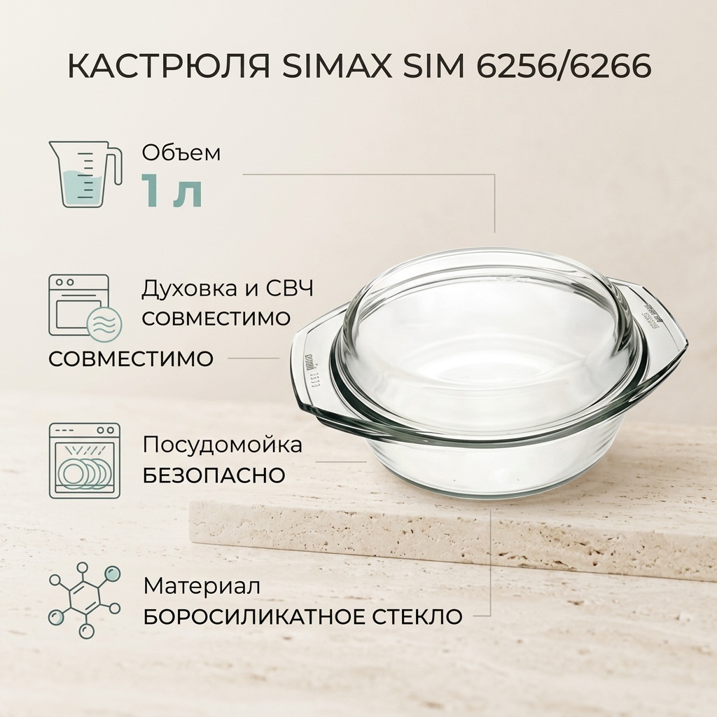 Кастрюля 1 л, Simax SIM 6256/6266 стекло