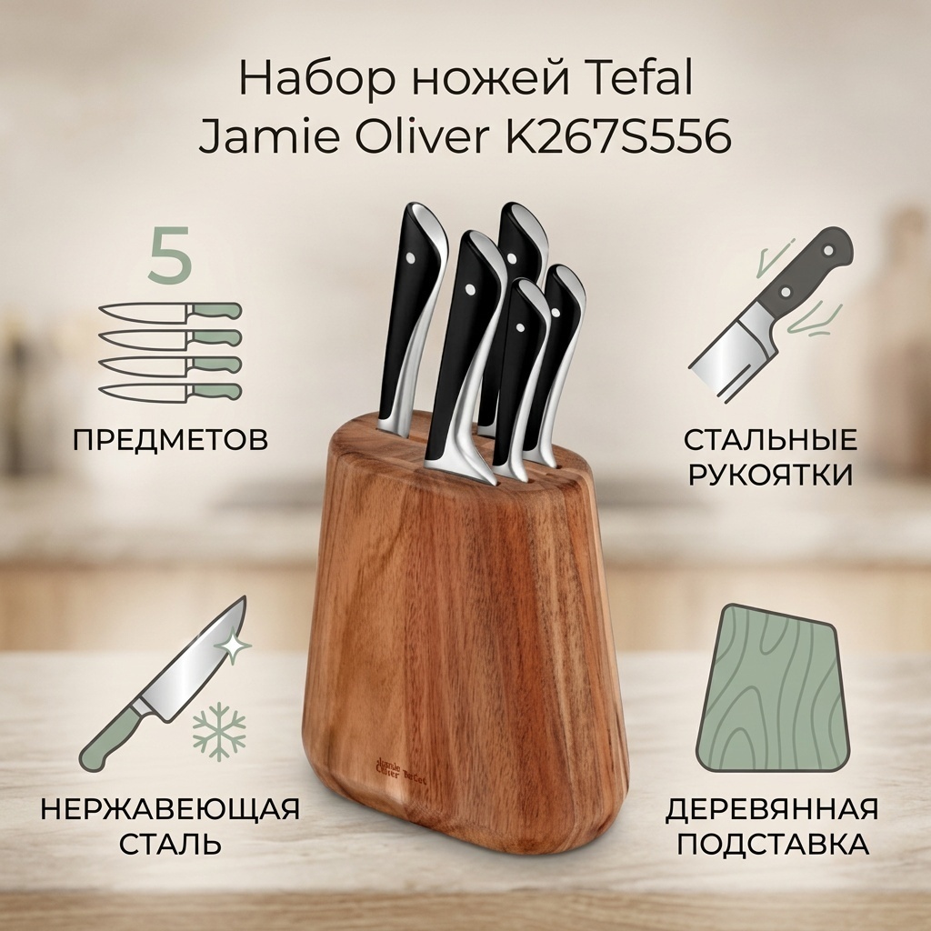 Набор ножей Tefal Jamie Oliver K267S556, лезвие: нержавеющая сталь 5 шт