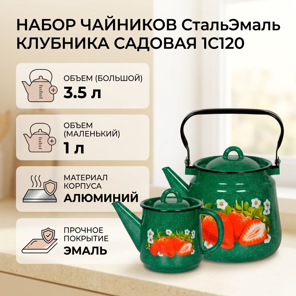 СтальЭмаль набор чайников Клубника садовая 1С120 3.5 л, алюминий