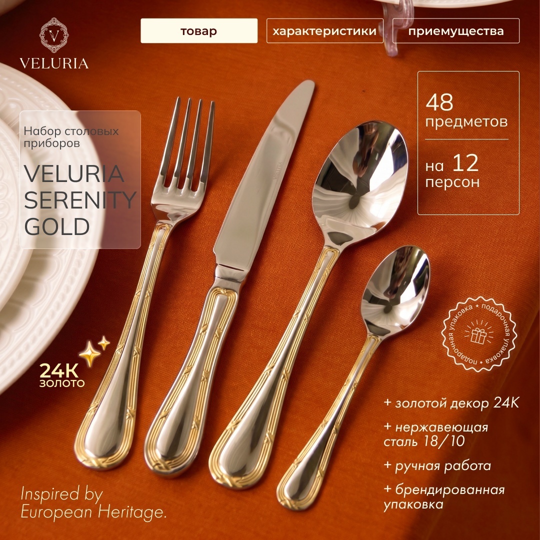 Набор столовых приборов VELURIA 48 шт, золотистый, серебристый VEL/SR/G48